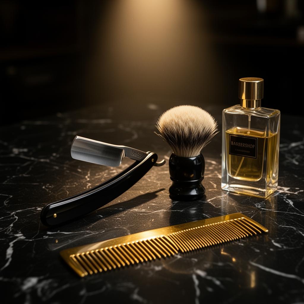 Herramientas premium de barbería sobre superficie oscura